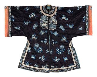 Two 'Sanlan' Black Ground Embroidered Silk Lady's Coats
Length of longer 43 7/8 in., 110.6 cm. 