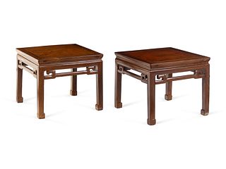 A Pair of Hardwood Square Waisted Corner-Leg Stools, Fangdeng
Height 20 1/2 x width 24 3/8 x depth 24 3/8 in., 52 x 62 x 62 cm.