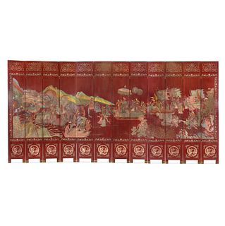 A Twelve-Panel Red Lacquered Coromandel Floor Screen
Height of each panel 107 3/4 x 18 1/2 in., 273.7 x 44.5 cm.