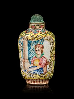 A Canton Enamel on Copper 'European Subject' Snuff Bottle
Height overall 2 7/8 in.,7.30 cm.