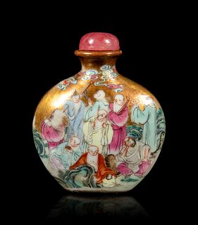 A Gilt Ground Famille Rose Porcelain 'Luohan' Snuff Bottle
Height overall 2 3/4 in., 7 cm.