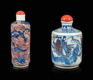 Two Copper Red and Underglaze Blue Porcelain Snuff Bottles
Height of tallest overall 3 3/8 in., 8.6 cm.