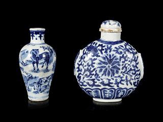 Two Large Blue and White Porcelain Snuff Bottles
Height of tallest overall 4 in., 10.2 cm.