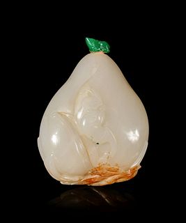 A Russet and White Jade 'Peach and Bat' Snuff Bottle
Height overall 3 in., 7.6 cm
