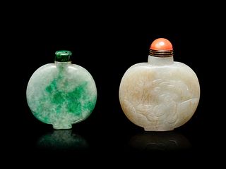 Two Jade and Jadeite Snuff BottlesHeight of taller overall 2 1/2 in., 6.35 cm
