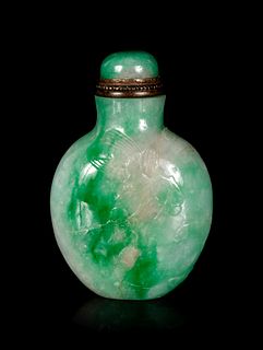 An Apple Green and Greyish White Jadeite Snuff Bottle
Height overall 2 5/8 in., 6.7 cm.
