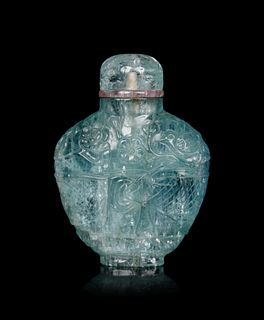 A Small Carved Aquamarine Snuff Bottle
Height overall 2 1/8 in., 5.4 cm.