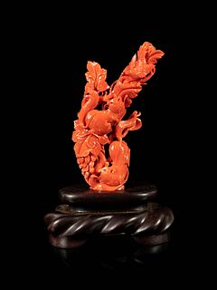 A Red Coral Carving of Squirrels and Grapes
Height 4 in., 10.1 cm.
