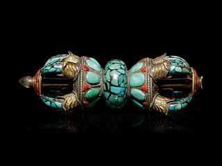 A Tibetan Turquoise and Coral VajraHeight 6 1/2 in., 16.5 cm.