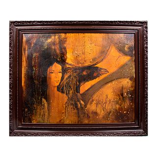 Firmado Vidal. Mujer con ave. Firmado. Técnica mixta. Enmarcado. 78 x 99 cm.