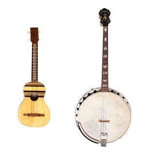 Lote de cuatro venezolano y banjo acústico. Siglo XX. Uno marca Challenger. Elaborados en madera con aplicaciones de metal.