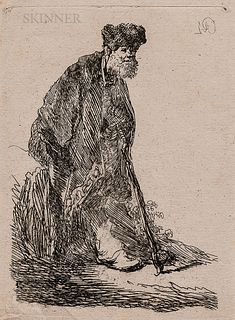 Rembrandt Harmensz van Rijn (Dutch, 1606-1669)      Man in a Coat and Fur Cap Leaning Against a Bank