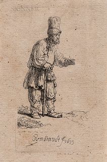 Rembrandt Harmensz van Rijn (Dutch, 1606-1669)      A Peasant in a High Cap, Standing Leaning on a Stick