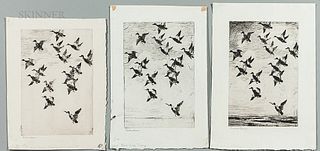 Frank Weston Benson (American, 1862-1951)      Three Different States of Black Ducks Towering