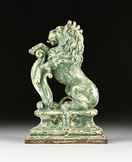 A VICTORIAN GREEN PAINTED CAST IRON ARMORIAL LION ANDIRON, LATE 19TH/EARLY 20TH CENTURY,
