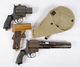 World War II U.S. Flare Guns and One Canvas Holster, Lot of Four 