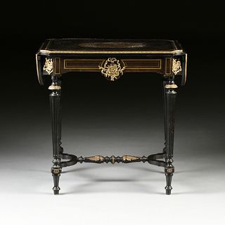 A NAPOLEON III STYLE BOULLE WORK INLAID ORMOLU MOUNTED EBONIZED DROP LEAF WRITING TABLE, FRENCH, LATE 19TH/EARLY 20TH CENTURY,