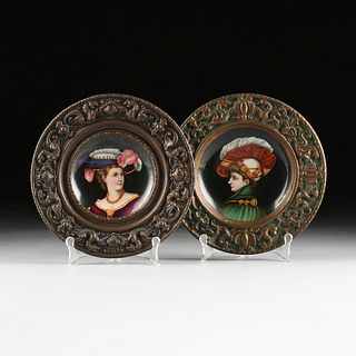 A PAIR OF RENAISSANCE REVIVAL ENAMELED PORCELAIN PLATES WITH REPOUSSÉ BORDER, PROBABLY ITALIAN, LATE 19TH/EARLY 20TH CENTURY,