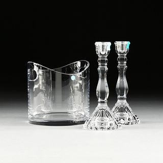 A PAIR OF TIFFANY & CO. CRYSTAL "HAMPTON" CANDLESTICKS AND A TIFFANY & CO CRYSTAL ICE BUCKET, SIGNED, MODERN,
