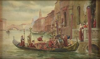 JAMES W. MILLIKEN (British fl. 1887-1930) A PAINTING, "Procession in the Bruges Canal," 