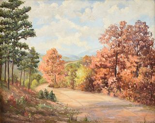 NORMA LOUISE ALCOTT KNIGHT (American/Texas 1910-2005) A PAINTING, "Pines on the Path in Fall Landscape,"