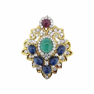 David Webb Emerald Sapphire Ruby And Diamond Brooch