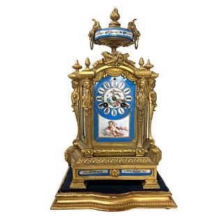 French Antique Bronze Clock, Sevres Blue Porcelain