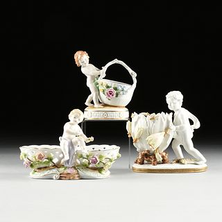 A GROUP OF THREE GERMAN PORCELAIN FIGURAL COMPOTES, MARKED, 20TH CENTURY,