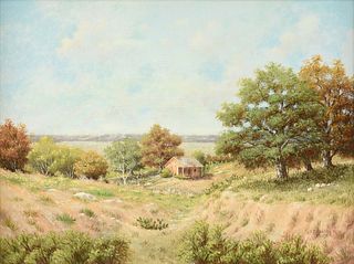 V.E. HEATH (American/Texas 20th Century) A PAINTING, "Pioneer Cabin in the Texas Hill Country," 1971,