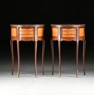 A PAIR OF LOUIS XV/XVI TRANSITIONAL STYLE BRONZE MOUNTED SATINWOOD AND MAHOGANY SIDE TABLES, 20TH CENTURY,