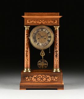 A RESTORATION MARQUETRY INLAID ORMOLU MOUNTED ROSEWOOD PORTICO CLOCK, FIRST HALF 19TH CENTURY,