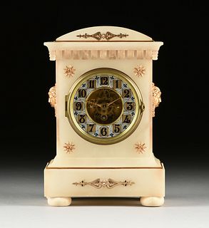 A FRENCH GILT METAL MOUNTED ALABASTER MANTLE CLOCK, BY EUGENÉ FARCOT, PARIS, LATE 19TH CENTURY,