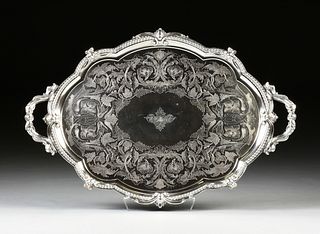 A VICTORIAN SILVERPLATED AND ENGRAVED TWO HANDLED TRAY, BY JAMES DIXON & SONS, SHEFFIELD, SECOND HALF 19TH CENTURY,