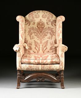 A WILLIAM AND MARY CARVED OAK AND UPHOLSTERED WINGBACK ARMCHAIR, 17TH/18TH CENTURY,