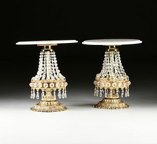 A PAIR OF ITALIAN HOLLYWOOD REGENCY STYLE MARBLE TOPPED AND CUT CRYSTAL MOUNTED GILT METAL TABLE LAMPS, 1970s,