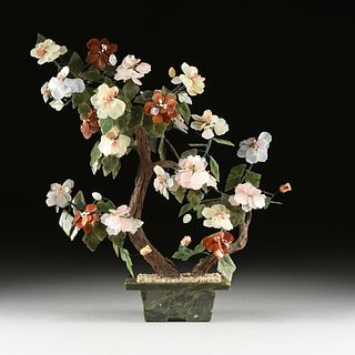 A CHINESE CARVED JADE AND HARDSTONES BLOSSOMING TREE, MODERN,