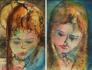 LORENZO INDRIMI (Italian 1930-2013) A PAIR OF PAINTINGS, "Head of Woman," AND "Head of Woman with Moon," 1961,