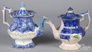 Two blue spatter teapots
