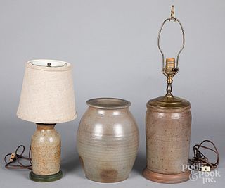 Two stoneware table lamps and a crock, 19th c.