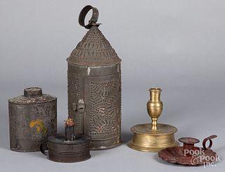 Punched tin lantern, Dutch brass candlestick, etc