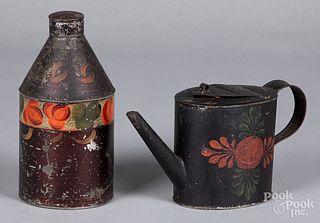Toleware teapot and tea caddy, 19th c.