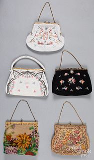 Five beadwork and embroidered purses.
