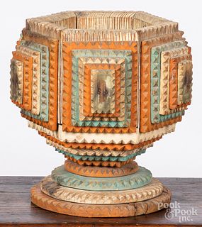 Painted tramp art pedestal compote, early 20th c.