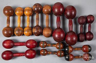 Seven pairs of wooden dumbbells, ca. 1900