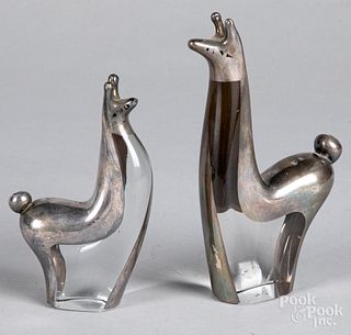 Pair of silver overlay glass llama figures