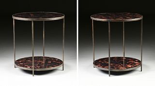 A PAIR OF CONTEMPORARY CUBE FAUX HORN LAMINATE AND PATINATED STEEL END TABLES,
