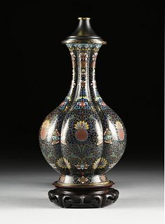 AN ANTIQUE CHINESE POLYCHROME ON BLACK GROUND ENAMELED CLOISONNÉ BOTTLE FORM MELON VASE LAMP, EARLY 20TH CENTURY,