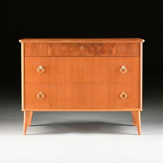 A MID-CENTURY MODERN MARQUETRY INLAID BIRCH CHEST OF DRAWERS, POSSIBLY SCANDINAVIAN, SIGNED, 1951,
