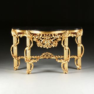 A NEOCLASSICAL STYLE MARBLE TOPPED AND PARCEL GILT CARVED WOOD CONSOLE TABLE, MODERN,