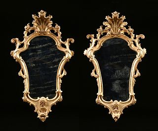 A PAIR OF SMALL ITALIAN ROCOCO REVIVAL PARCEL GILT CARVED WOOD MIRRORS, LATE 19TH CENTURY,